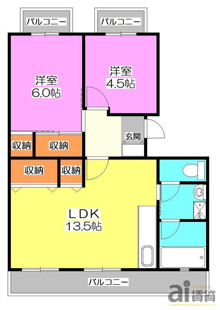 オークヒル(2LDK/3階)の間取り写真