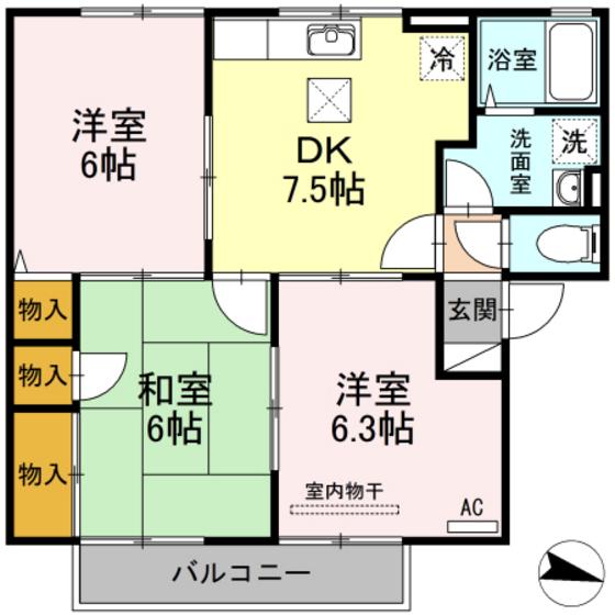 リアルエステート東原C棟(3DK/1階)の間取り写真