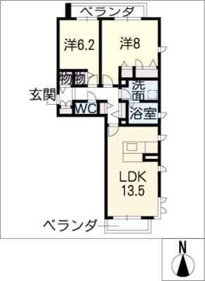 ニッケノーブルハイツ一宮 B棟(2LDK/2階)の間取り写真