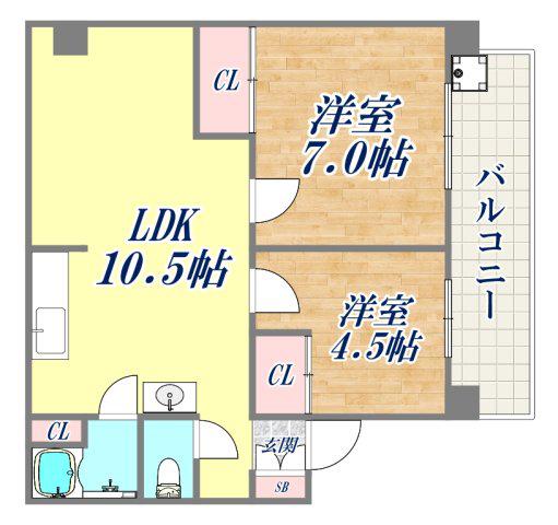 中山手通7丁目南マンション4棟(2LDK/2階)の間取り写真