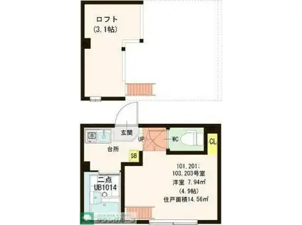 コーポRIN(ワンルーム/2階)の間取り写真