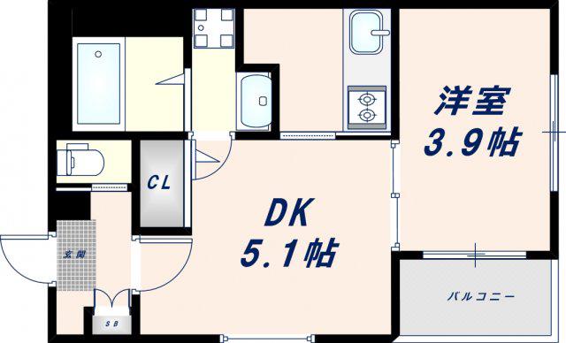 ハーモニーテラス小路東IV(1DK/3階)の間取り写真