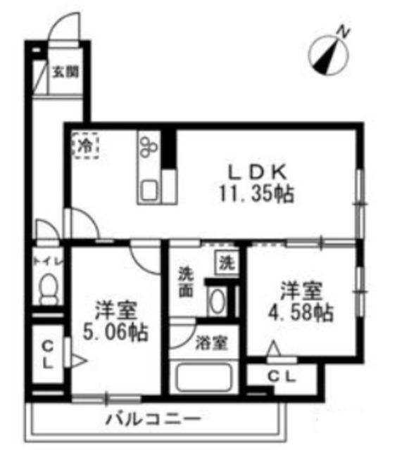 国立市谷保4丁目 A棟(2LDK/2階)の間取り写真