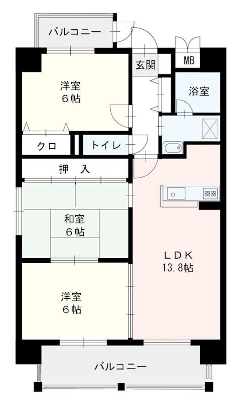 ジョイコート那珂(3LDK/3階)の間取り写真