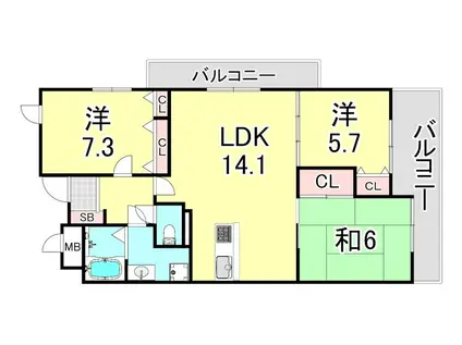 シフレ神戸雲雀ケ丘(3LDK/3階)の間取り写真