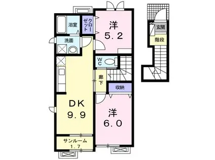ジェントリー(2DK/2階)の間取り写真