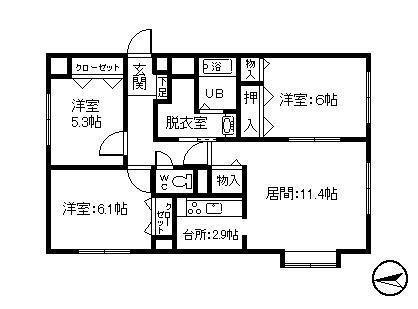 宝来中央ハイツ(3LDK/1階)の間取り写真