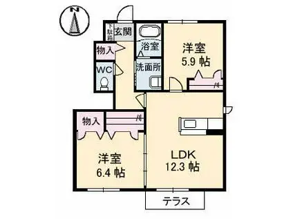 フロンティア綾川 B棟(2LDK/1階)の間取り写真