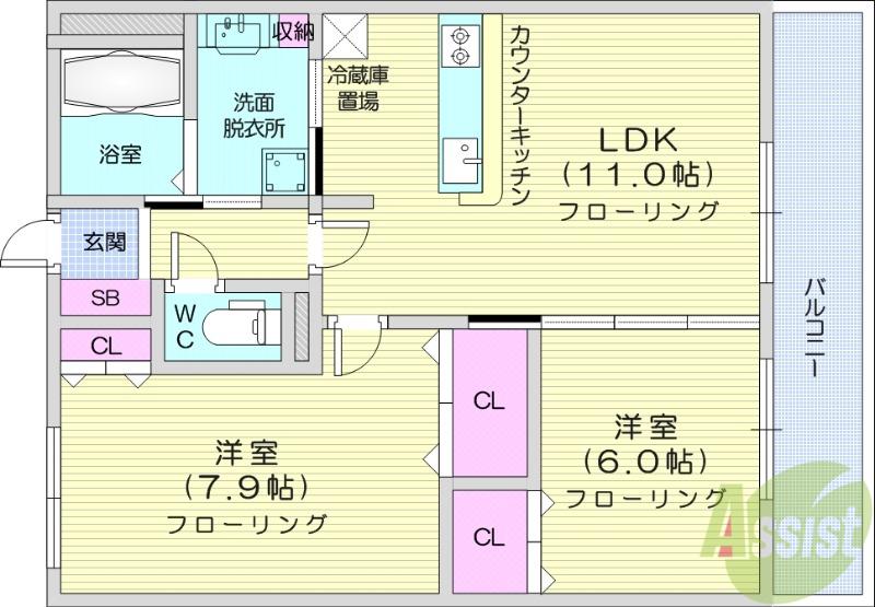 S-FORT榴岡公園(2LDK/13階)の間取り写真