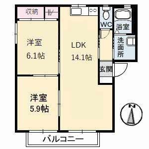 スカイハイツ B棟(2LDK/2階)の間取り写真