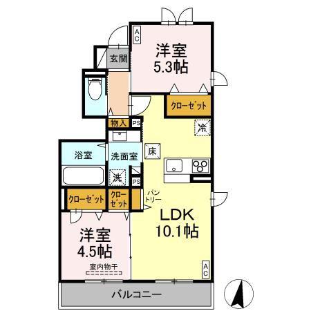 トリシア中條 B(2LDK/1階)の間取り写真