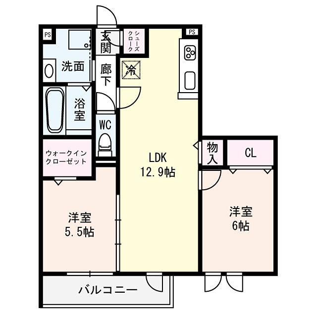 アンソレイエくさつ(2LDK/2階)の間取り写真