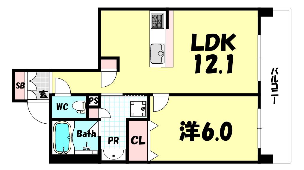ワコーレKOBE元町通(1LDK/6階)の間取り写真