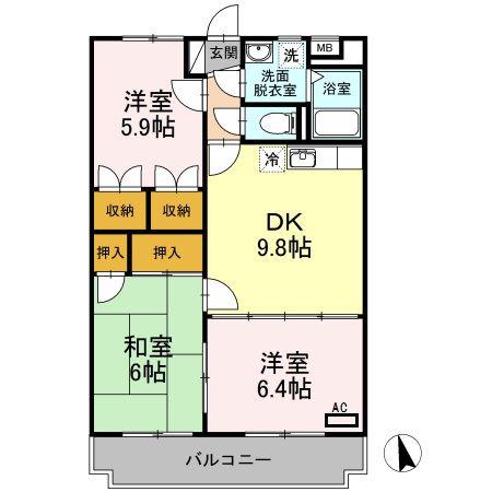 サンライズ駅部田(3DK/3階)の間取り写真