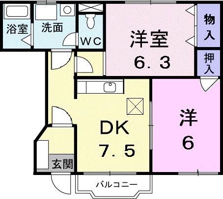カルフールII(2DK/1階)の間取り写真