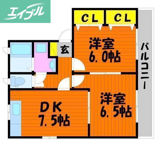 ラッキータウン庭瀬G棟(2DK/2階)の間取り写真