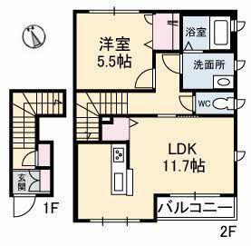 シルフィード山波B棟(1LDK/2階)の間取り写真