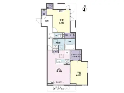 スカイタウン参番館(2LDK/1階)の間取り写真