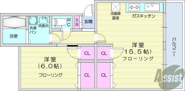 サニープラザ銀杏町(1LDK/4階)の間取り写真