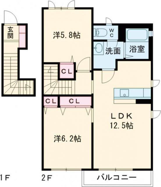 リーフガーデンハイツB棟(2LDK/2階)の間取り写真