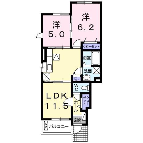 カルムフラン I(2LDK/1階)の間取り写真