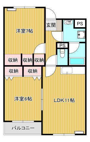 コペン南城B棟(2LDK/3階)の間取り写真