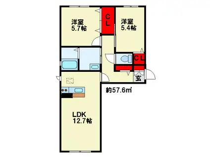 ソレアード・カンパーニュII (2LDK/1階)の間取り写真