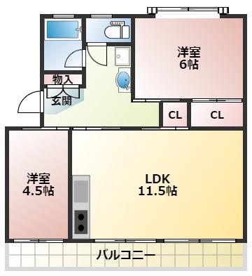 清水ヶ丘コーポラス(2LDK/5階)の間取り写真