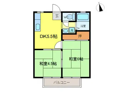ゾンネハイム I号棟(2DK/2階)の間取り写真