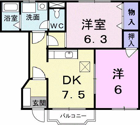 カルフールII(2DK/1階)の間取り写真