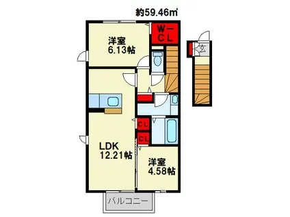 パープルシャイン蒲生(2LDK/2階)の間取り写真