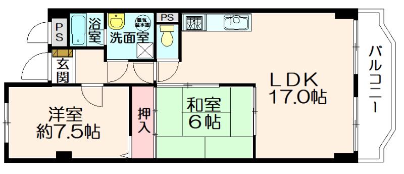 千里関大前コーポラスC棟(2LDK/5階)の間取り写真