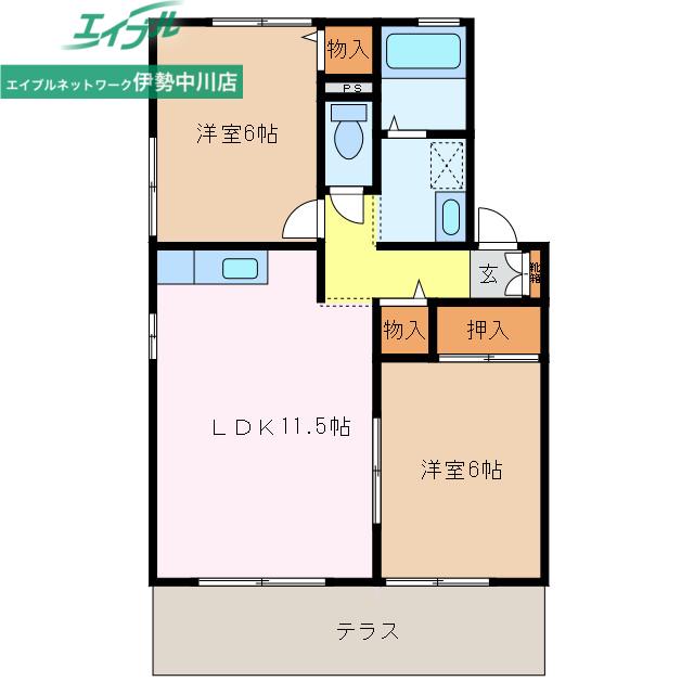 CHATEAU B棟(2LDK/1階)の間取り写真