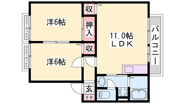 サンビレッジ阿成(2LDK/2階)の間取り写真
