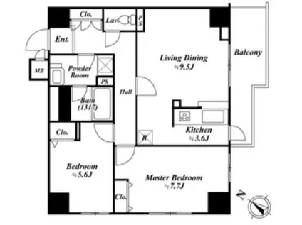 目黒 タワーマンション  南東向き  初期安(2LDK/15階)の間取り写真