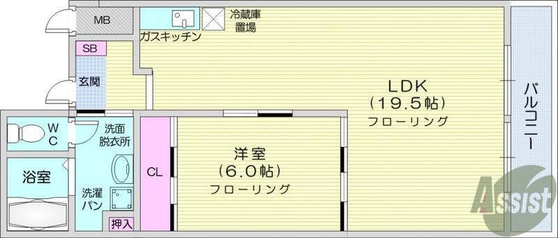 オーロラビル(1LDK/3階)の間取り写真