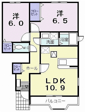 ヴェルタウンB棟(2LDK/1階)の間取り写真