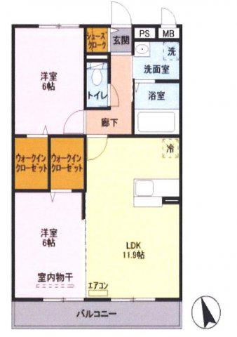 フェニックス小仙波C(2LDK/3階)の間取り写真
