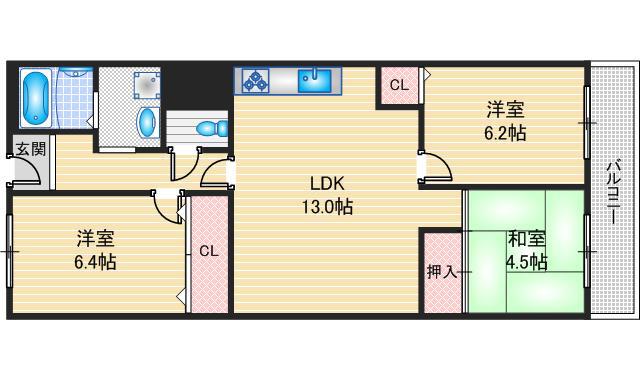 茨木春日丘グリーンハイツB棟(3LDK/6階)の間取り写真