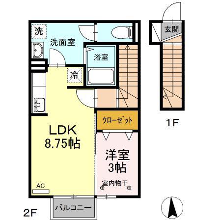 カエツリアルフィールドD-ROOM B(1LDK/2階)の間取り写真