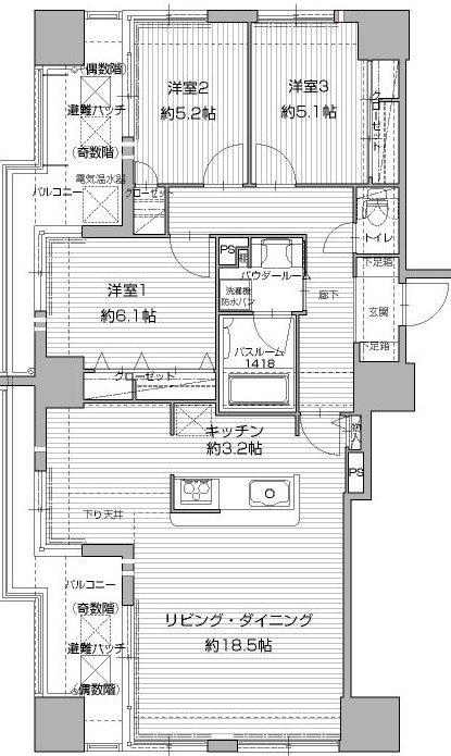 アクタス渡辺通パークシティ(3LDK/9階)の間取り写真