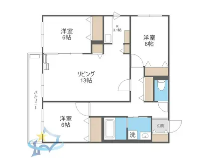 ZABO HILLS TOYOHIRA イースト・ウエスト(3LDK/2階)の間取り写真