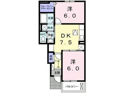 キャッスルビーチ B 2DKW(2DK/1階)の間取り写真