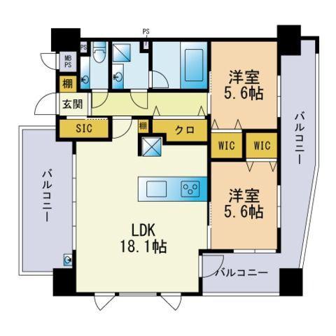 プレスタイル大濠公園(2LDK/10階)の間取り写真