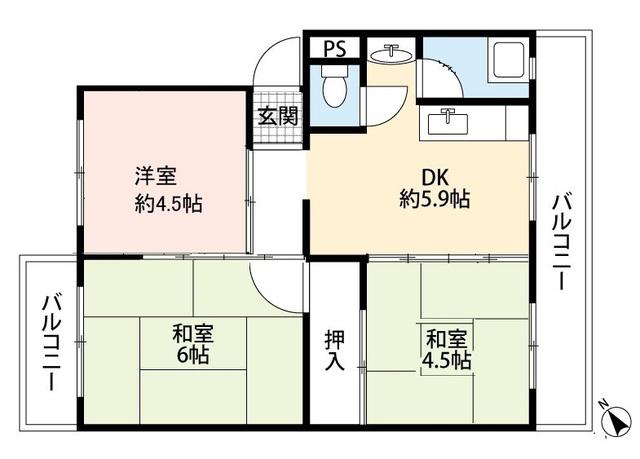 シーサイド貝掛マンションB棟(3DK/4階)の間取り写真