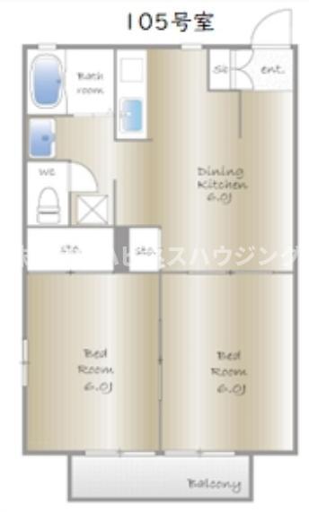 ルミエールイースト C棟(2DK/1階)の間取り写真