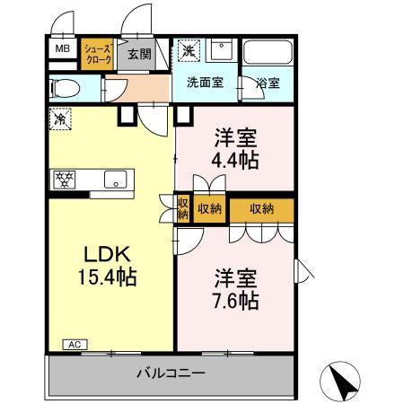 CINZA若林(2LDK/4階)の間取り写真