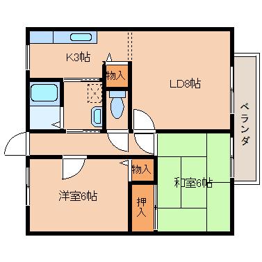 フローラ桐ノ内B(2LDK/1階)の間取り写真
