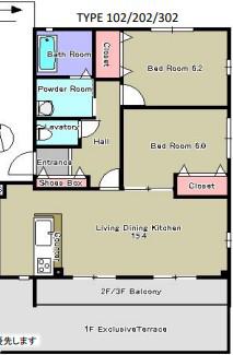 THE BLANC RESIDENCE PLUS COURT C(2LDK/2階)の間取り写真