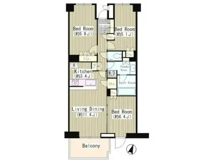 OASE用賀イースト(3LDK/2階)の間取り写真